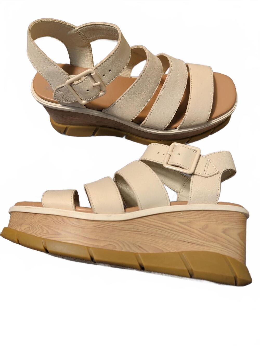 Sorel Womens 8.5 Strappy Wedge Sandals Cream Adjustable Buckle Neutral Sporty